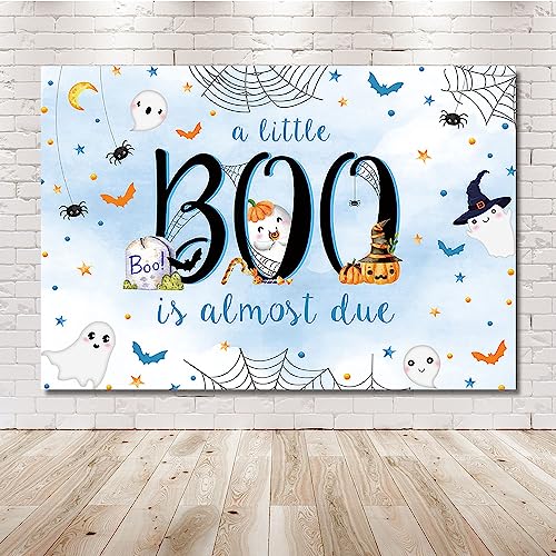 MEHOFOND 7x5ft Halloween Baby Shower Backdrop a Little Boo is Almost Due Blue Watercolor for Boy Background with Spider Web Baby Shower Party Banner Decor Photo Booth Studio