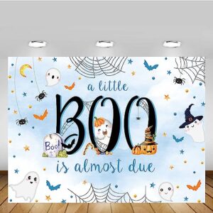 MEHOFOND 7x5ft Halloween Baby Shower Backdrop a Little Boo is Almost Due Blue Watercolor for Boy Background with Spider Web Baby Shower Party Banner Decor Photo Booth Studio