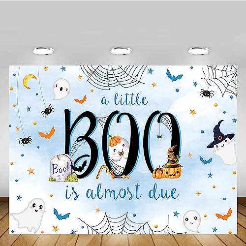 MEHOFOND 7x5ft Halloween Baby Shower Backdrop a Little Boo is Almost Due Blue Watercolor for Boy Background with Spider Web Baby Shower Party Banner Decor Photo Booth Studio