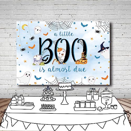 MEHOFOND 7x5ft Halloween Baby Shower Backdrop a Little Boo is Almost Due Blue Watercolor for Boy Background with Spider Web Baby Shower Party Banner Decor Photo Booth Studio