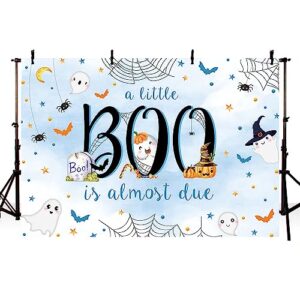 MEHOFOND 7x5ft Halloween Baby Shower Backdrop a Little Boo is Almost Due Blue Watercolor for Boy Background with Spider Web Baby Shower Party Banner Decor Photo Booth Studio