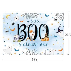 MEHOFOND 7x5ft Halloween Baby Shower Backdrop a Little Boo is Almost Due Blue Watercolor for Boy Background with Spider Web Baby Shower Party Banner Decor Photo Booth Studio