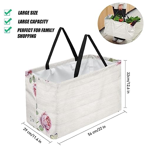 KQNZT Reusable Grocery Bags, Large Foldable Reusable Shopping Tote Bags Bulk for Groceries, Waterproof Kitchen Cloth Produce Bags with Long Handles, Pink Rose Flower Wooden Board