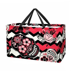 kqnzt reusable grocery bags, heavy duty reusable shopping bags, large tote bags with long handles and reinforced bottom, pink skull flowers mexican style