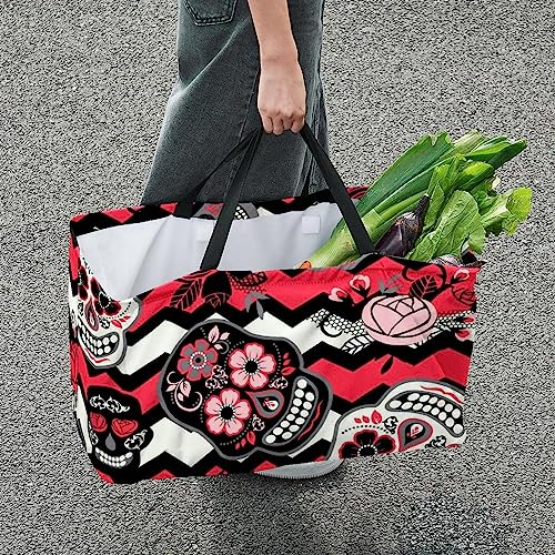 KQNZT Reusable Grocery Bags, Heavy Duty Reusable Shopping Bags, Large Tote Bags with Long Handles and Reinforced Bottom, Pink Skull Flowers Mexican Style