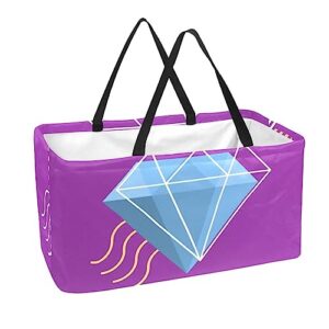 kqnzt reusable grocery bags, heavy duty reusable shopping bags, large tote bags with long handles and reinforced bottom, purple blue diamond