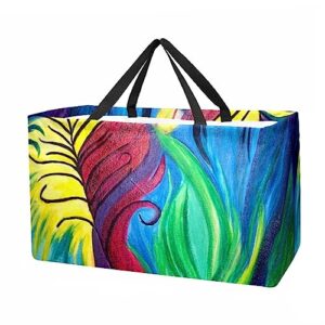 kqnzt reusable grocery bags, large foldable reusable shopping tote bags bulk for groceries, waterproof kitchen cloth produce bags with long handles, oil painting artistic peacock feather