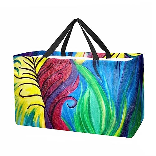 KQNZT Reusable Grocery Bags, Large Foldable Reusable Shopping Tote Bags Bulk for Groceries, Waterproof Kitchen Cloth Produce Bags with Long Handles, Oil Painting Artistic Peacock Feather