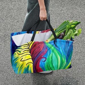 KQNZT Reusable Grocery Bags, Large Foldable Reusable Shopping Tote Bags Bulk for Groceries, Waterproof Kitchen Cloth Produce Bags with Long Handles, Oil Painting Artistic Peacock Feather