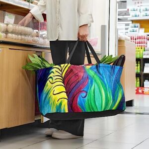 KQNZT Reusable Grocery Bags, Large Foldable Reusable Shopping Tote Bags Bulk for Groceries, Waterproof Kitchen Cloth Produce Bags with Long Handles, Oil Painting Artistic Peacock Feather