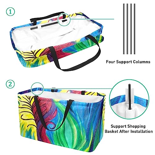 KQNZT Reusable Grocery Bags, Large Foldable Reusable Shopping Tote Bags Bulk for Groceries, Waterproof Kitchen Cloth Produce Bags with Long Handles, Oil Painting Artistic Peacock Feather