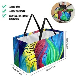 KQNZT Reusable Grocery Bags, Large Foldable Reusable Shopping Tote Bags Bulk for Groceries, Waterproof Kitchen Cloth Produce Bags with Long Handles, Oil Painting Artistic Peacock Feather