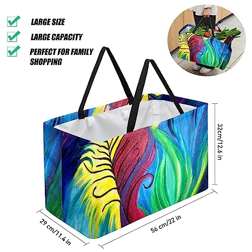 KQNZT Reusable Grocery Bags, Large Foldable Reusable Shopping Tote Bags Bulk for Groceries, Waterproof Kitchen Cloth Produce Bags with Long Handles, Oil Painting Artistic Peacock Feather