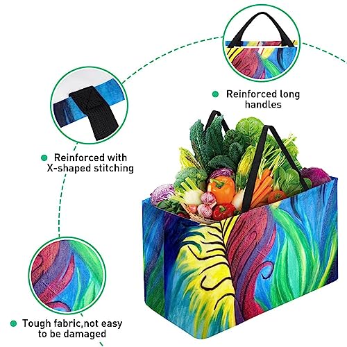 KQNZT Reusable Grocery Bags, Large Foldable Reusable Shopping Tote Bags Bulk for Groceries, Waterproof Kitchen Cloth Produce Bags with Long Handles, Oil Painting Artistic Peacock Feather