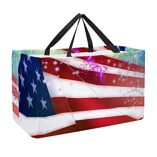 KQNZT Reusable Grocery Bags, Heavy Duty Reusable Shopping Bags, Large Tote Bags with Long Handles and Reinforced Bottom, American Flag and 4Th July Fireworks