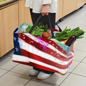 KQNZT Reusable Grocery Bags, Heavy Duty Reusable Shopping Bags, Large Tote Bags with Long Handles and Reinforced Bottom, American Flag and 4Th July Fireworks