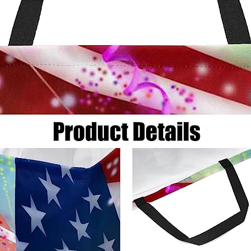 KQNZT Reusable Grocery Bags, Heavy Duty Reusable Shopping Bags, Large Tote Bags with Long Handles and Reinforced Bottom, American Flag and 4Th July Fireworks