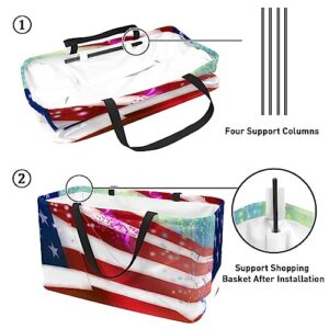 KQNZT Reusable Grocery Bags, Heavy Duty Reusable Shopping Bags, Large Tote Bags with Long Handles and Reinforced Bottom, American Flag and 4Th July Fireworks