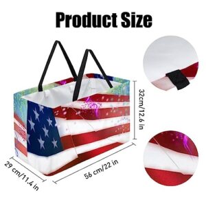 KQNZT Reusable Grocery Bags, Heavy Duty Reusable Shopping Bags, Large Tote Bags with Long Handles and Reinforced Bottom, American Flag and 4Th July Fireworks