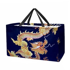 kqnzt reusable grocery bags, large foldable reusable shopping tote bags bulk for groceries, waterproof kitchen cloth produce bags with long handles, traditional art dragon