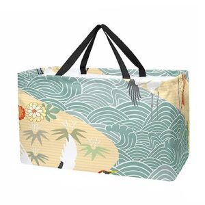kqnzt reusable grocery bags, heavy duty reusable shopping bags, large tote bags with long handles and reinforced bottom, japanese style wave crane