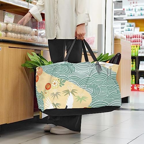 KQNZT Reusable Grocery Bags, Heavy Duty Reusable Shopping Bags, Large Tote Bags with Long Handles and Reinforced Bottom, Japanese Style Wave Crane