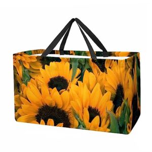 kqnzt reusable grocery bags, heavy duty reusable shopping bags, large tote bags with long handles and reinforced bottom, sunflower bouquet
