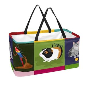 kqnzt reusable grocery bags, large foldable reusable shopping tote bags bulk for groceries, waterproof kitchen cloth produce bags with long handles, animal dog cat rabbit parrot change dragon