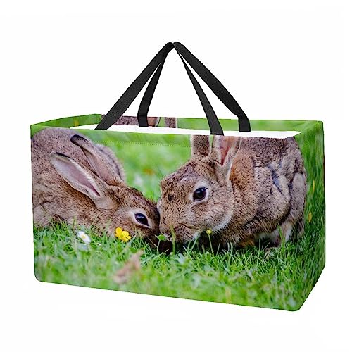 KQNZT Reusable Grocery Bags, Large Foldable Reusable Shopping Tote Bags Bulk for Groceries, Waterproof Kitchen Cloth Produce Bags with Long Handles, Brown Rabbit