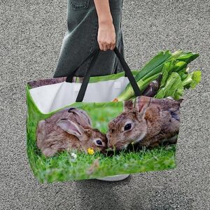 KQNZT Reusable Grocery Bags, Large Foldable Reusable Shopping Tote Bags Bulk for Groceries, Waterproof Kitchen Cloth Produce Bags with Long Handles, Brown Rabbit