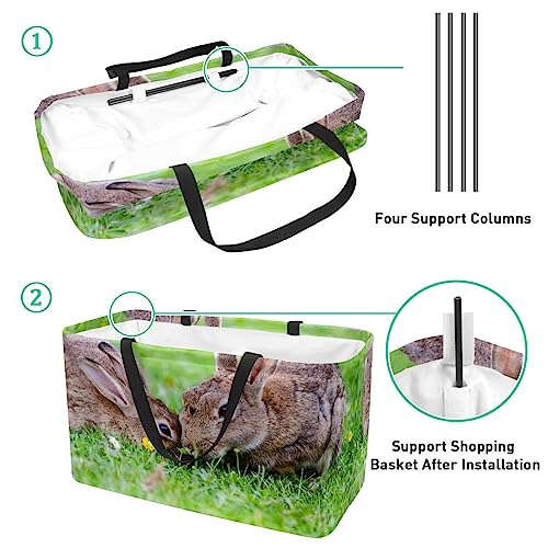 KQNZT Reusable Grocery Bags, Large Foldable Reusable Shopping Tote Bags Bulk for Groceries, Waterproof Kitchen Cloth Produce Bags with Long Handles, Brown Rabbit