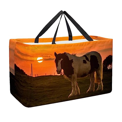 KQNZT Reusable Grocery Bags, Large Foldable Reusable Shopping Tote Bags Bulk for Groceries, Waterproof Kitchen Cloth Produce Bags with Long Handles, Animal Horse Sunrise