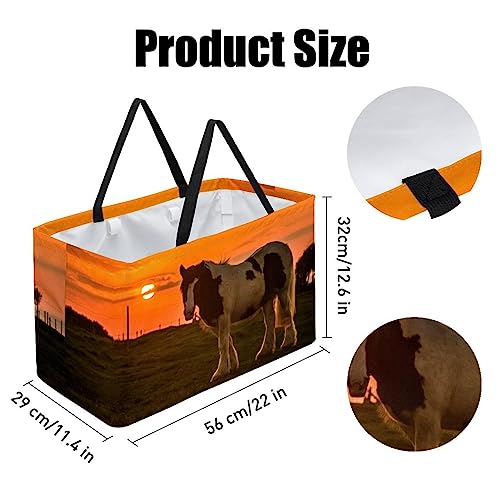 KQNZT Reusable Grocery Bags, Large Foldable Reusable Shopping Tote Bags Bulk for Groceries, Waterproof Kitchen Cloth Produce Bags with Long Handles, Animal Horse Sunrise