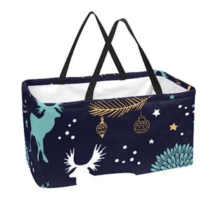 kqnzt reusable grocery bags, large foldable reusable shopping tote bags bulk for groceries, waterproof kitchen cloth produce bags with long handles, christmas elk snowflake feather