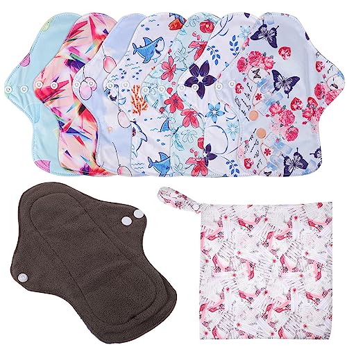 Healifty 7Pcs Reusable Menstrual Pads, Washable Bamboo Charcoal Cloth Pads with Wet Bag, Reusable Panty Liners, Reusable SanitaryPads for Women