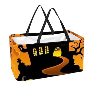 kqnzt reusable grocery bags, large foldable reusable shopping tote bags bulk for groceries, waterproof kitchen cloth produce bags with long handles, halloween bat pumpkin night