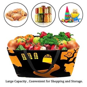 KQNZT Reusable Grocery Bags, Large Foldable Reusable Shopping Tote Bags Bulk for Groceries, Waterproof Kitchen Cloth Produce Bags with Long Handles, Halloween Bat Pumpkin Night