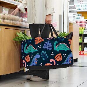 KQNZT Reusable Grocery Bags, Heavy Duty Reusable Shopping Bags, Large Tote Bags with Long Handles and Reinforced Bottom, Dinosaur Leaves Cartoon