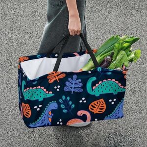 KQNZT Reusable Grocery Bags, Heavy Duty Reusable Shopping Bags, Large Tote Bags with Long Handles and Reinforced Bottom, Dinosaur Leaves Cartoon