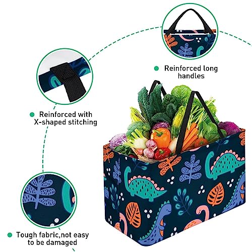 KQNZT Reusable Grocery Bags, Heavy Duty Reusable Shopping Bags, Large Tote Bags with Long Handles and Reinforced Bottom, Dinosaur Leaves Cartoon