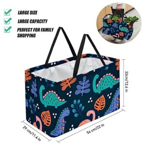 KQNZT Reusable Grocery Bags, Heavy Duty Reusable Shopping Bags, Large Tote Bags with Long Handles and Reinforced Bottom, Dinosaur Leaves Cartoon