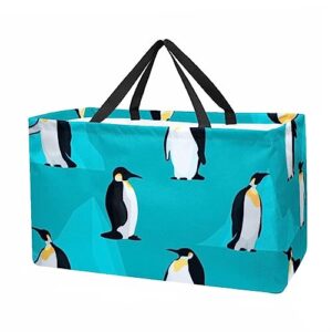 kqnzt reusable grocery bags, large foldable reusable shopping tote bags bulk for groceries, waterproof kitchen cloth produce bags with long handles, cartoon penguin antarctic animal