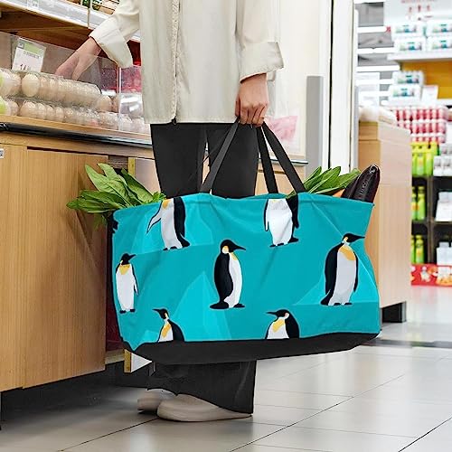 KQNZT Reusable Grocery Bags, Large Foldable Reusable Shopping Tote Bags Bulk for Groceries, Waterproof Kitchen Cloth Produce Bags with Long Handles, Cartoon Penguin Antarctic Animal