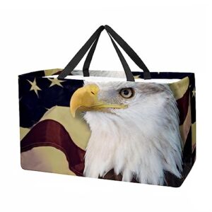 kqnzt reusable grocery bags, heavy duty reusable shopping bags, large tote bags with long handles and reinforced bottom, vintage style eagle