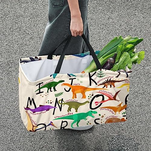 KQNZT Reusable Grocery Bags, Heavy Duty Reusable Shopping Bags, Large Tote Bags with Long Handles and Reinforced Bottom, Dinosaur Cartoon Alphabet