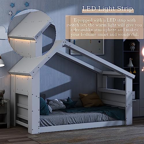 Twin Floor Bed for Kids,Twin Size House Bed Frame with Roof, Window and Led Light Design,Wood Twin Montessori Floor Bed,Playhouse Bed Frame for Kids Girls Boys,White