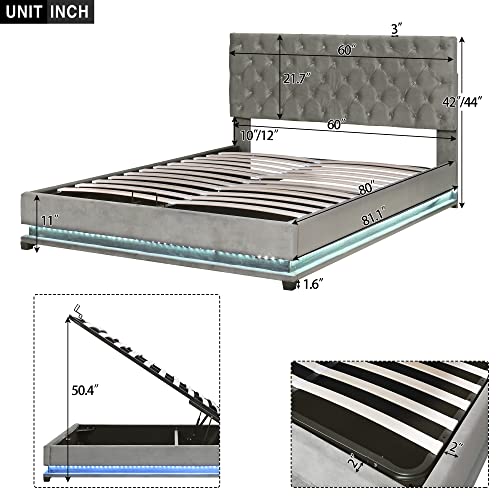 OPTOUGH Queen Size Storage Upholstered Platform Bed Frame with Adjustable Tufted Headboard and LED Light, Gray
