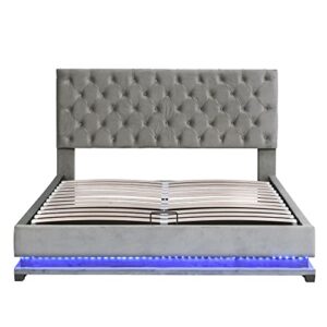 OPTOUGH Queen Size Storage Upholstered Platform Bed Frame with Adjustable Tufted Headboard and LED Light, Gray