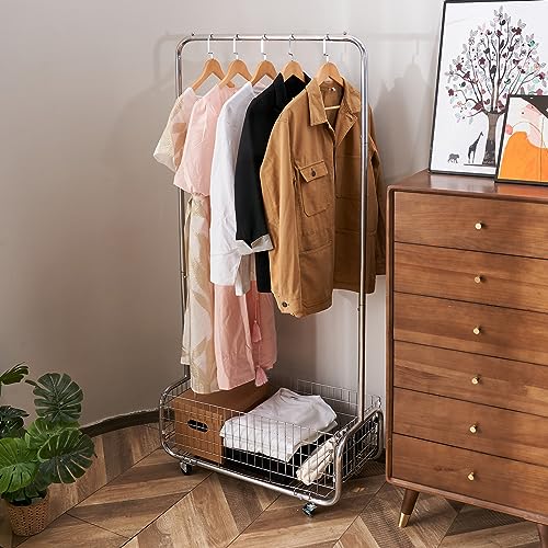 IAMFAN Clothes Rack Heavy Duty,Rolling Clothes Racks for Hanging Clothes,Portable Metal Clothing Rack,Garment Racks with Wheels,Wardrobe Rack(Chrome, Medium)