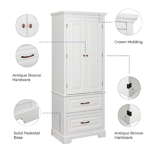 Teamson Home St. James Freestanding Adjustable Shelves 2 Drawers 5 Spaces and 2 Doors Wooden Linen Tower Storage Cabinet, White